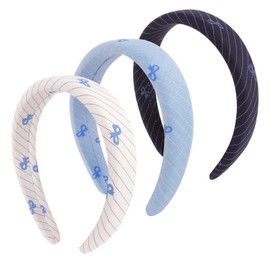 KEUKORZ Wide Blue Headbands - 3Pcs Bow Print Padded Hairbands for Women - Fashion Hair Accessories for Women’s Hair(3 Colors)