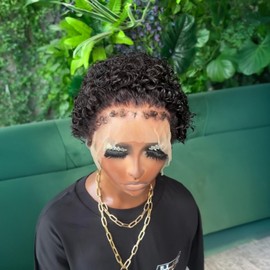 PangDongLai Pixie Cut Curly Human Hair Wigs With Curly Baby Hair 13x1 Lace Frontal Wigs For Women Short Layered bob Lace Wigs Kinky Edges Real Natural Hairline Natural Black Color for Summer Daily Use