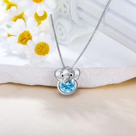 LONAGO Elephant Necklace with Birthstone Silver Elephant Pendant Necklace Gift for Women (March)