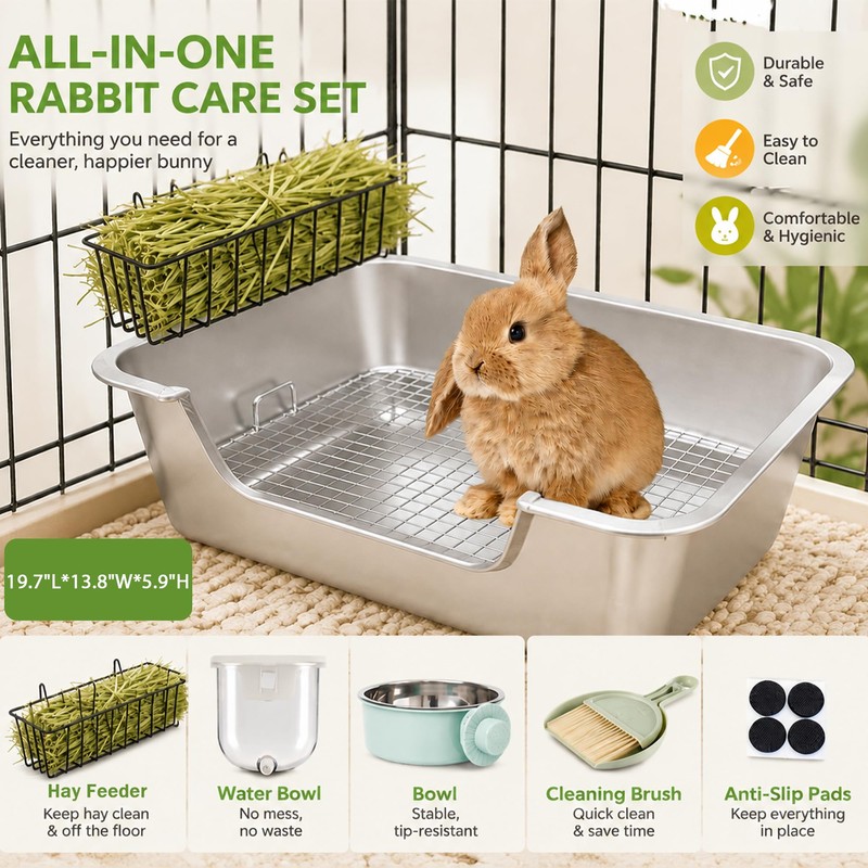 Volope Stainless Steel Rabbit Litter Box with Hay Feeder Set