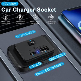 Hoembpn 2pcs Dual USB C Car Charger Socket PD2.0+QC3.0 with On/Off Power Switch, DC12V-26V Adaptor USB Fast Charge Socket Panel with LED for Boat SUV Caravan RV Truck Marine