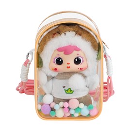 ZZFENGKR Clear Figures Display Bag for Plush Doll, Portable Figure Storage Bag with Keychain and Shoulder Strap, 6.7in Doll Hanging Blind Box, Single Zipper Closure Dustproof Collectibles Case (Pink)