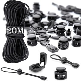 20 m Elastic Rubber Cord 3 mm, 2 Holes Black Rubber Cord, Elastic Band, Round Cord, Elastic Rubber Cord, with 40 Cord Locks, Cord Clamp, 20 Cord Locks, for Drawstring, Backpack, Clotheslines