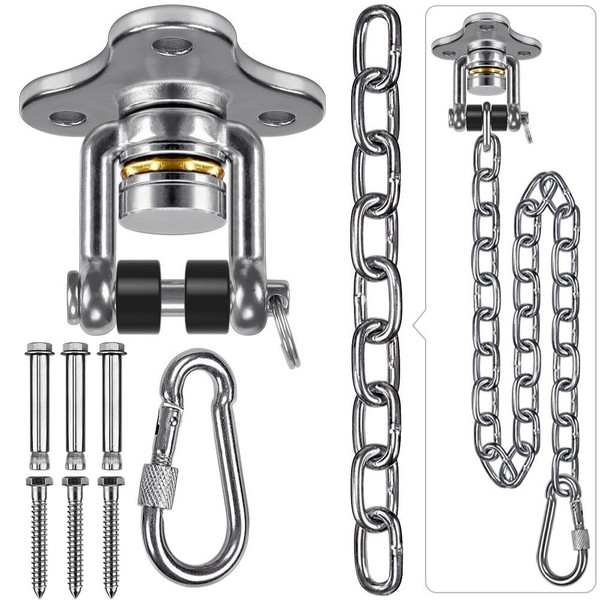 SELEWARE Permanent Antirust Stainless Steel 304 Heavy Duty Silent Bearing Swing Hangers with Chain and Carabiner, 360° Rotate, 2 Screw for Wooden Hammock Chair Porch Swing Sets