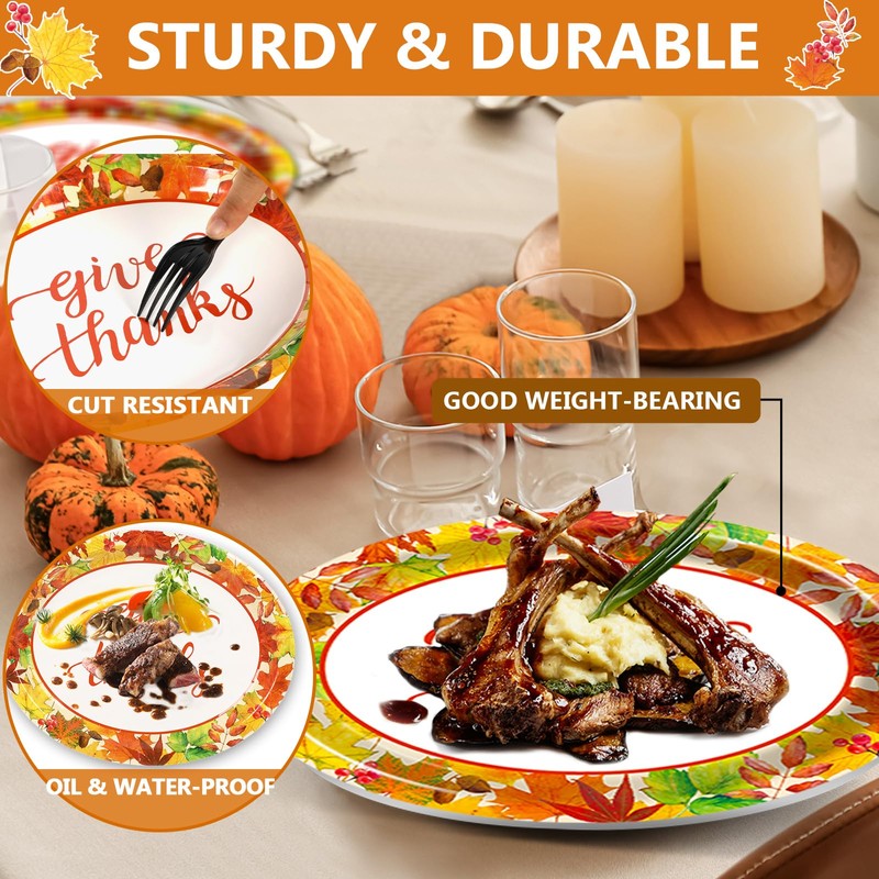 50PCS Thanksgiving Oval Paper Plates Large 11” Disposable Fall Party