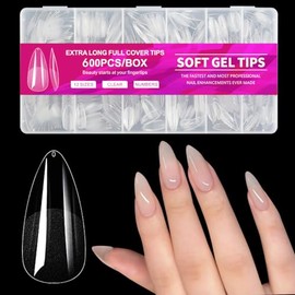 600 Piezas Tips para Uñas Soft Gel,Incluir 12 Tamaños,Uñas Postizas de Transparentes,Soft Gel Tips Acrilicas Postizas,Acabado Mate,No Requiere Lijado,Con Caja,para DIY Nail y Salones