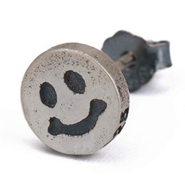[silver KYASYA] 925 Silver Smiley Face, Smiley Mark, Smile, Stud Earrings, For Men, Silver, For One Ear, Hypoallergenic, 18G Engraving, Silver