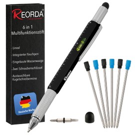 Reorda® Multifunctional Pen in Black, Exceptional Gift for Men, Practical 6-in-1 Multi Ballpoint Pen as a Reliable Tool Gadget for Engineers, Craftsmen