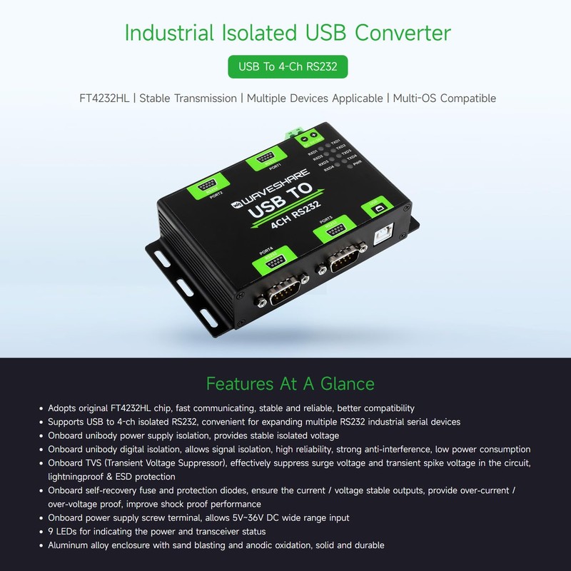 Waveshare Industrial Isolated USB to 4CH RS232 Converter (DB9 Male