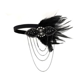 STIOEDYUAN 1920's Flapper Headband Gatsby Feather Headpiece Rhinestone Tassel Headdress Bridal Hair Accessories Head Chain For Women (Black)