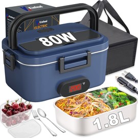 Kimfead Electric Lunch Box for Adults with Temperature Display 80W Heated Lunch Boxes for Men with 1.8L Stainless Steel Container Electric Lunchbox for Work/Car/Truck-110V/12V/24V(Blue)