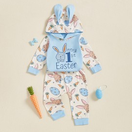 Xiaodriceee Infant Baby Boy Easter Outfit Rabbit Ears Hoodie Romper Top with Bunny Carrot Print Long Pants 2Pcs Cute Clothes (A-Blue, 3-6 Months)