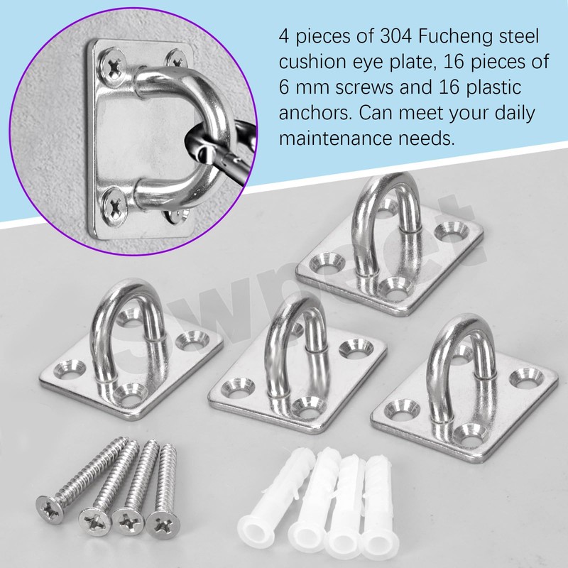Swpeet 4pcs M8 304 Stainless Steel Silver Square Pad Eye