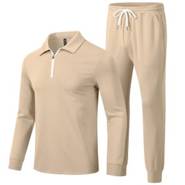 MoFiz Men's Track Suit Set 1/4 Zip Long Sleeve Jogging Top Bottom Fashion Casual Tracksuit Outfits Drawstring Elastic Waist with Pockets Khaki Size US XL