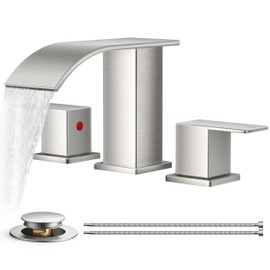 FORIOUS Square Waterfall Bathroom Faucets 3 Hole, 8 Inch Widespread Brushed Nickel Bathroom Sink Faucet with Metal Pop-up Drain and cUPC Hose, Two Handles for Vanity, RV, Farmhouse Remodel