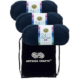 Lion Brand 24/7 Cotton DK Nightshade 769-110 (3-Skeins - Same Dye Lot) DK Light Worsted #3 Cotton Yarn for Crocheting and Knitting - Bundle with 1 Artsiga Crafts Project Bag