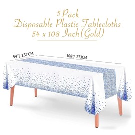5 Pack Disposable Plastic Tablecloth,137x274cm Gold Stamping Dot Rectangular Table Cloth,Suitable for Patio Barbecues, Weddings, Parties, Holidays, Cafeterias. (White and Blue)