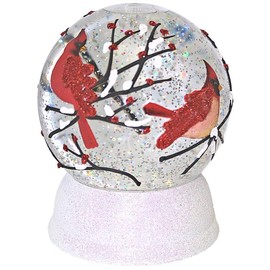 Red Cardinals on Tree Branch LED Light 6 Inch Round Christmas Glitter Globe