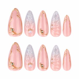 BABALAL Almond Press on Nails Medium Fake Nails Blue Glitter Glue ons Gold Chrome Design Acrylic Nails 3d Texture Artificial Handmade Nails Supplies 24Pcs Stiletto Full Cover Nails for Women Girls