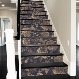 REDAMANCY Vintage Black Brozen Flowers Butterfly Peel and Stick Vinyl Stair Riser Decals Staircase Tile Stickers Decor Modern Marble Decoration Self-Adhesive(14 Pcs)