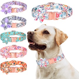 Serijoars Cute Girl Dog Collars for Small Medium Large Dogs, Floral Patterns Female Dog Collar with Detachable Rhinestone Flower for Female Dogs (S, Orange)
