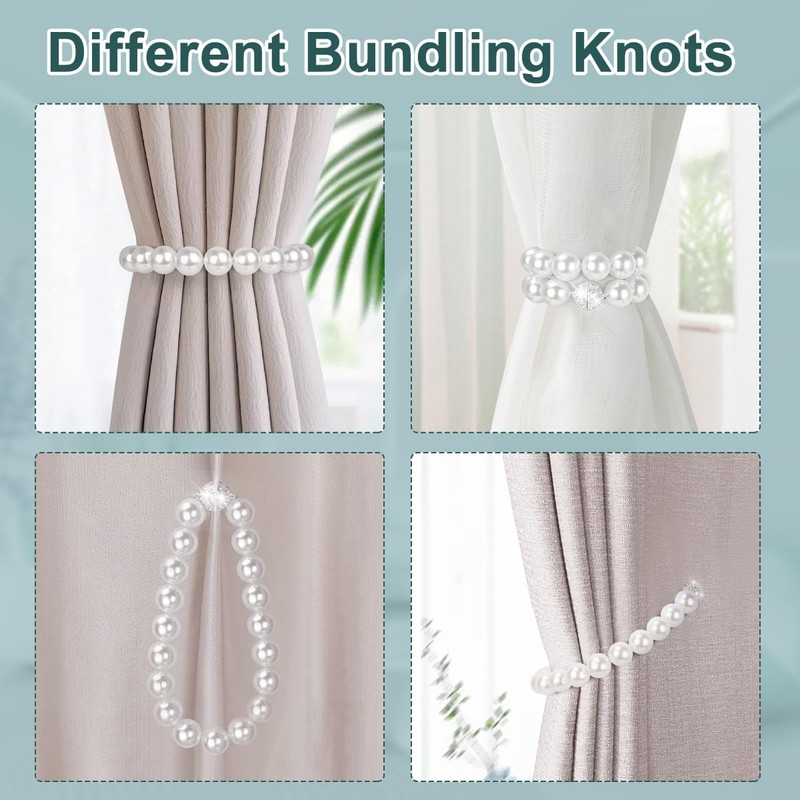 AULEEP Magnetic Curtain TieBacks, 2 Pack Pearl Curtain Tie Backs,