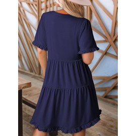 Dokotoo Womens Summer Dresses for Women 2025 Short Sleeve V Neck Loose Fit Casual Eleagnt Cute Wedding Guest A Line Dresses Solid Plus Size Babydoll Graduation Mini Dress Navy Blue Dress XL