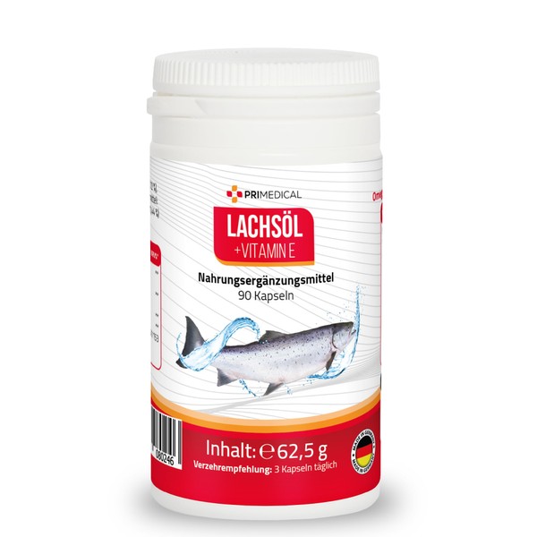 Omega 3 Salmon Oil Capsules with Vitamin E, 500 mg Fish Oil (75 mg EPA, 45 mg DHA) per Capsule with Vitamin E primedical 1 x 90 Capsules