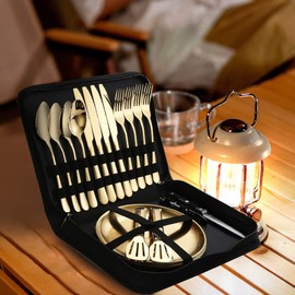 A · HOUSEWARE Picnic Dishes Utensils Gold Camping Flatware Set for 4 Portable Tableware Plates Silverware Forks Spoons knives Bottle Opener Food Tongs Complete Kit with Zipper Bag