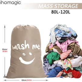 IHOMAGIC Pack of 2 Large Laundry Bag with Drawstring, 120L Washing Bag - Foldable Clothes Bag, Smile Washing Bag Blanket Quilt Bag Durable Fabric Storage Bag for Dorm Hotel Home 61x92cm (Khaki)