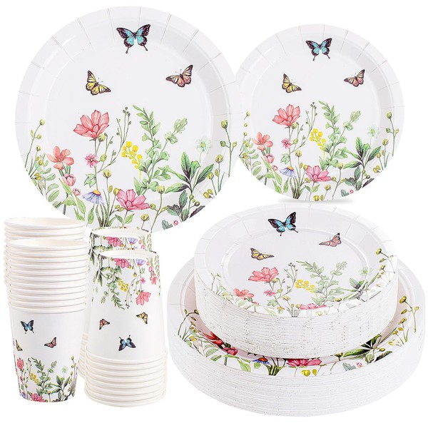 I00000 150Pcs Wildflower Plates,Spring Party Decorations,Butterfly Floral Paper Dinnerware Set