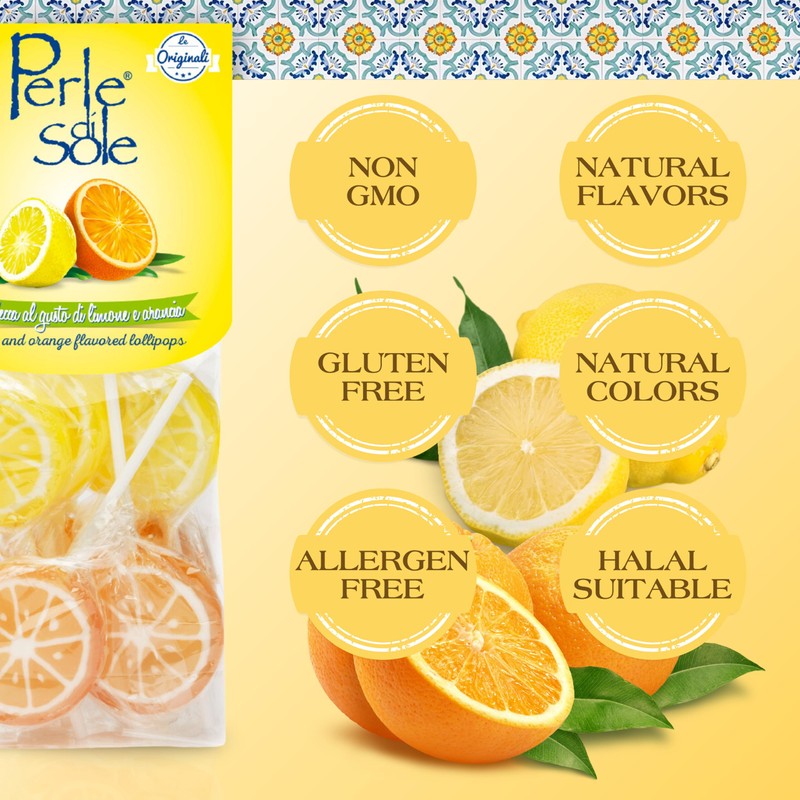 Perle di Sole Assorted Lemon and Orange Lollipops Individually Wrapped