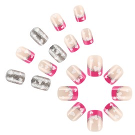 Short Valentine's Day Nails French Tip Press on Nails Love Glitter Design White Heart Nails Press on Cute False Nails pink French edge Silver Shiny Glossy Nude Full Cover Stick on Nails for Women