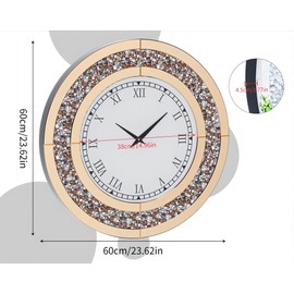Artloge Crushed Diamond Wall Clock: 24 inch Round Decorative Mirrored Clock with Brown Glass Beveled Mirror Edge Frame and Bling Diamonds, Art Deco Home Modern Decoration for Livingroom