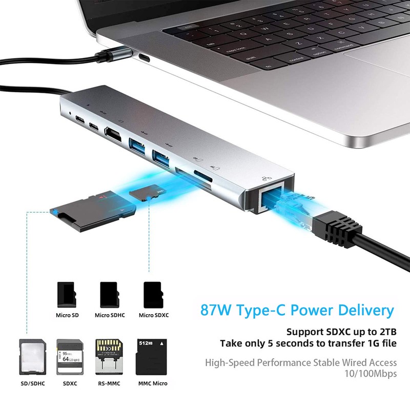8-in-1 Type-C Hub Docking Station, Multi-Function USB Splitter Adapter 4K