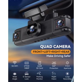 Kuayvan 4 Channel Dash Cam 360° View, Front and Rear Inside Left Right, 2K Dash Camera for Cars, Built-in 5G WiFi & APP Control, Night Vision, G-Sensor, 24/7 Recording Parking Mode, with 64GB SD Card