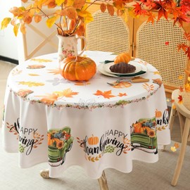 Karseteli Thanksgiving Tablecloth for 60 Inch Round, Farmhouse Fall Table Cloth Washable, Pumpkin and Leaves Decor Table Cover for Holiday Dinner and Party Decor