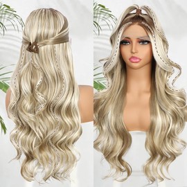 BABEHERS Highlight Blonde Lace Front Wig for Women 13x4 Body Wave Synthetic Wigs Balayage Pre-plucked Long Wavy Wig 150% Density Heat Resistant Hair Replacement Wigs 26 Inch