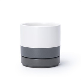 D'vine Dev 4.7 Inch Ceramic Planter Pot with Drainage Hole and Saucer, Indoor Cylinder Round Planter Pot, White/Speckled Grey, 94-O-B-6