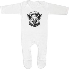 Azeeda 3-6 Month 'Happy Pig Wearing a Chef's Hat' Baby Romper Jumpsuit/Sleep Suit (SS00081409) White