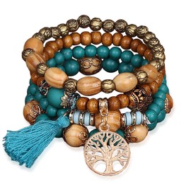 Vesitim Stackable Stretch Bracelets for Women Tree of Life Bead Bracelet Blue Boho Jewelry