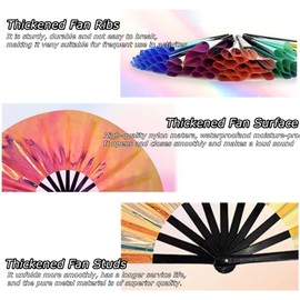 2-Pack Large Holographic Folding Hand Rave Fan, 2025 New Laser Folding Hand Fan for Line Dance Popping, Boots on The Ground Fan for Rave Outfits Accessories Festival, Club, Party, Dance for Men Women