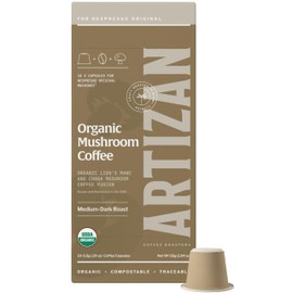 Artizan Coffee USDA Organic Espresso Coffee Capsules For Nespresso Original | Functional Mushrooms Lion's Mane + Chaga | 120 Compatible Compostable Pods