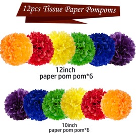 KUNYYI Rainbow Tissue Paper Pom Poms 12 Pcs Colourful Paper Flower Ball - Multi Color Party Decoration Set, Handmade Wrinkle Design, Suitable for Festivals, Birthdays, and Celebrations