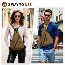 SUIKIHUM Vintage Canvas Sling Bag with Genuine Leather Zipper, 3 in 1 Crossbody, Backpack, and Chest Bag, for Travel, Hiking, 16x10x6 Inches, Coffee