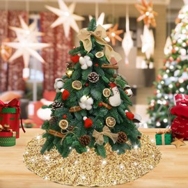 Gold Mini Christmas Tree Skirts 24 Inches Shimmer Sequins Tree Skirt Velvet Xmas Tree Mats for 4ft Tree Decorations