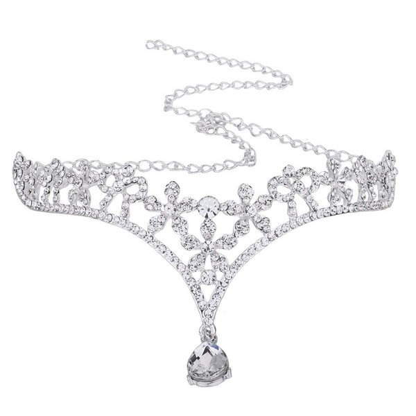 Women Fashion Rhinestone Double Chain Headpiece Silver Crystal Headpiece Pendant Headband Bridal Forehead Chain for Wedding Party Prom (C#)