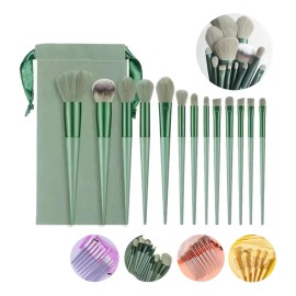 Set Brochas de maquillaje 13 piezas profesional y bolsa verde color