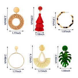 Ponpon 6-18 Pairs Earrings for Women, Lightweight Summer Earrings Straw Earrings Fashion Geometric Statement Hoop Dangle Drop Earrings for Women (Style A - 6 Pairs)
