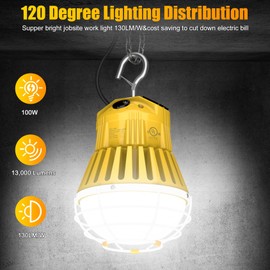 LED Temporary Work Light 100W, 13000LM 5000K Portable Hanging Construction Light with 10ft Cable Plug and Sturdy Hooks Linkable LED Work Light for Job Site Lighting, Workshop, Garage ETL Listed